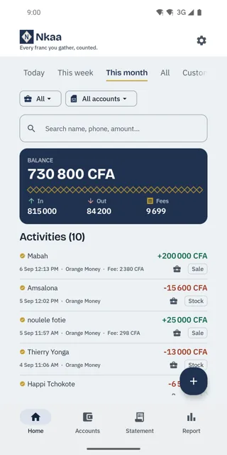 Nkaa dashboard showing money In, Out and Fees for the month