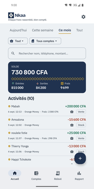 Tableau de bord Nkaa avec les entrées, sorties et frais du mois