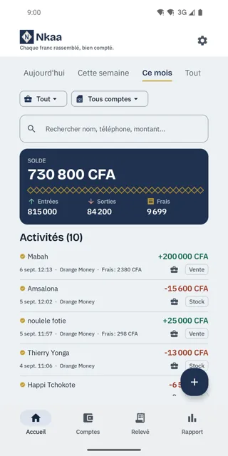 Tableau de bord Nkaa avec les entrées, sorties et frais du mois