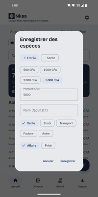 Enregistrer une vente en espèces en deux touches