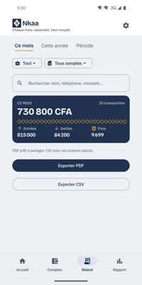 Relevé mensuel Nkaa prêt à exporter